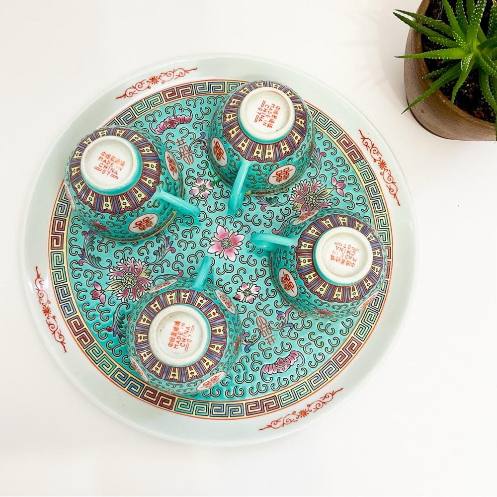 VINTAGE Chinese Export Porcelain Tea Set Teal Gold Longevity Symbol Bone China - Picture 3 of 11